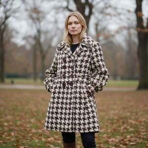 Pink Martini Houndstooth Hooded Double Breasted Coat Brown Cream Small